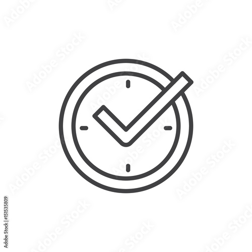 Check mark on clock, real time protection outline icon, line vector sign, linear style pictogram isolated on white. Symbol, logo illustration. Editable stroke. Pixel perfect