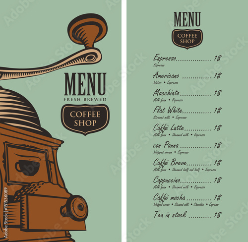 template vector menu for a coffee shop with a picture coffee grinder and a price list in retro style