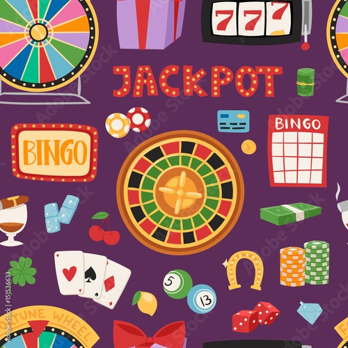 Casino game gambling symbols blackjack cards money winning roulette joker vector seamless pattern