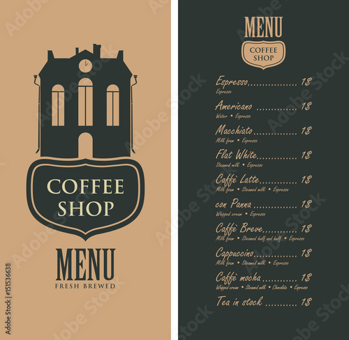 template vector menu for a coffee shop with an old house, street sign and a price list in retro style