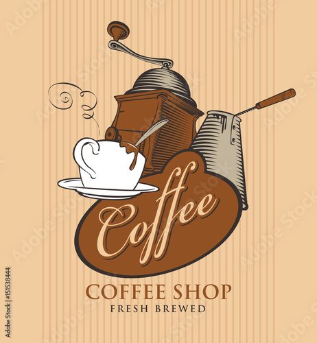 vector banner for coffee shop with cup of coffee, grinder, cezve and calligraphy inscription on striped background in retro style