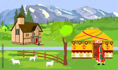 Vector landcape of Kazakhstan mountains, countryside