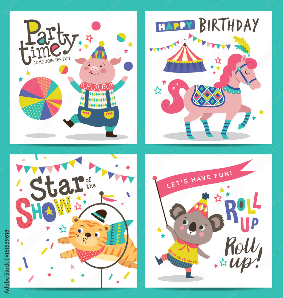 Set of birthday card with circus cartoon animals