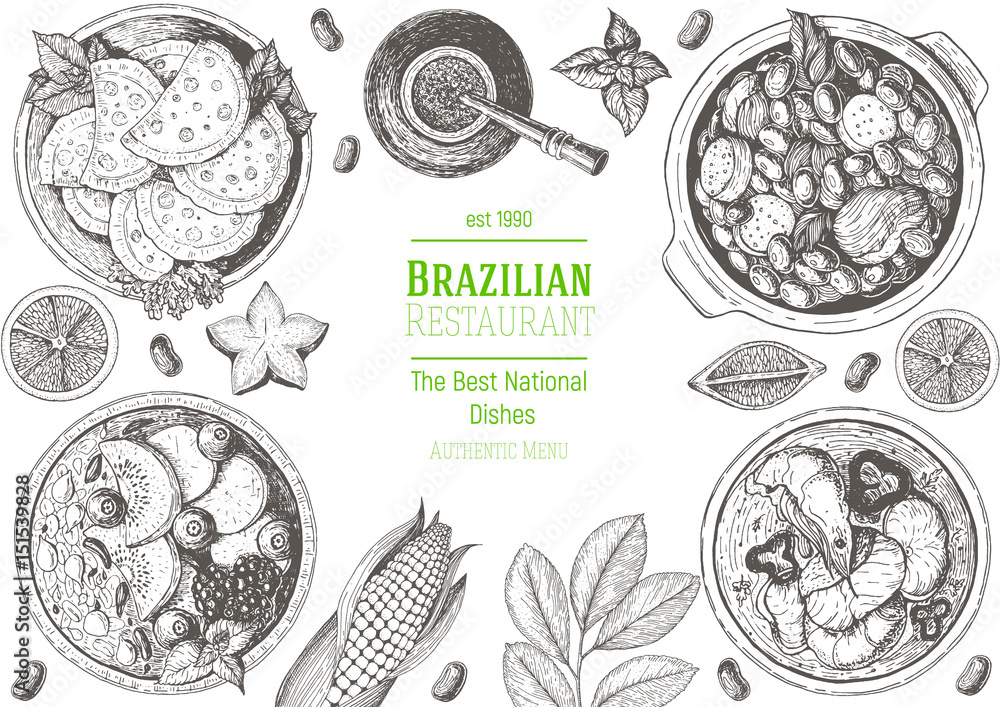 Brazilian cuisine top view frame. Brazilian food menu design with feijoada, acai, meat pastry, moqueca de peixe and mate tea. Vintage hand drawn sketch vector illustration.