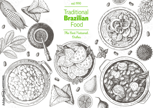Brazilian cuisine top view frame. Brazilian food menu design with farofa, moqueca, feijoada, meat pastry and mate tea. Vintage hand drawn sketch vector illustration. photo