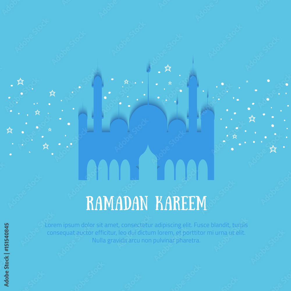 Ramadan Kareem colorful vector illustration with typography and palace, stars. Minimalistic paper illustration