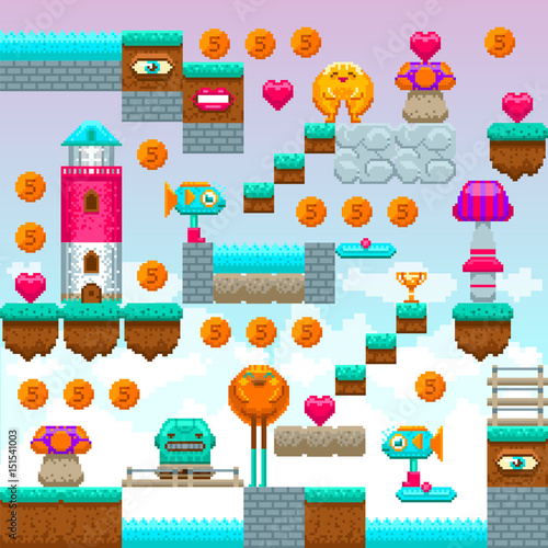 Pixel game interface. Pixel art. Video arcade game elements. Vector illustration. Pixel blocks to construct original game level.