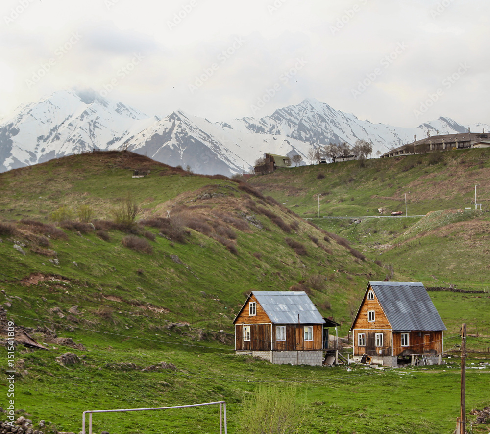 Gudauri village in Georgia country. The majestic and beautiful mountains of the Caucasus in spring time