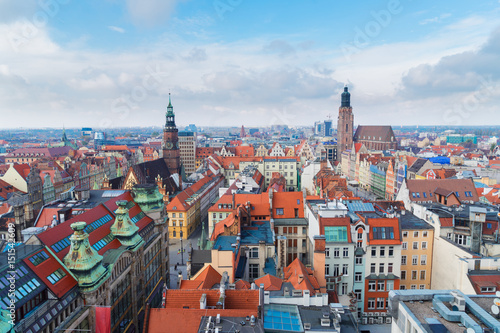 panorama of Wroclaw - bird eye view of colorful roofs of old town houses, Wroclaw, Poland