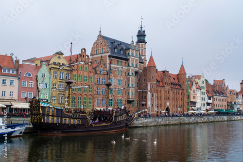 Traditional buildings of the Gdansk Main Town along the waterfront of the Motlawa River, Poland