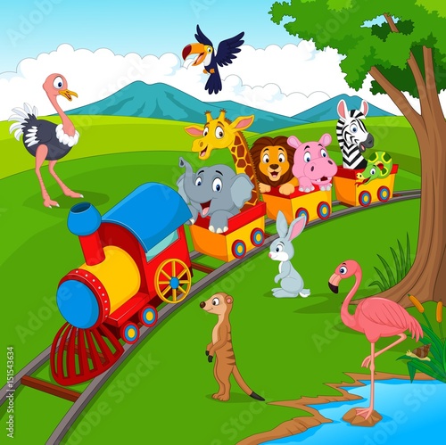 Fototapeta Naklejka Na Ścianę i Meble -  Cartoon train on railroad with wild animals