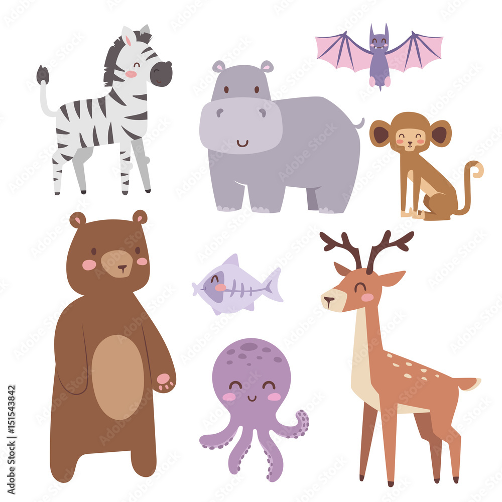 Naklejka premium Cute zoo cartoon animals isolated funny wildlife learn cute language and tropical nature safari mammal jungle tall characters vector illustration.