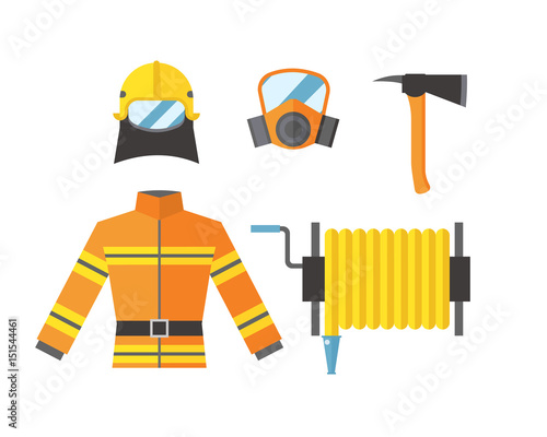 Fire safety equipment emergency tools firefighter safe danger accident flame protection vector illustration. photo