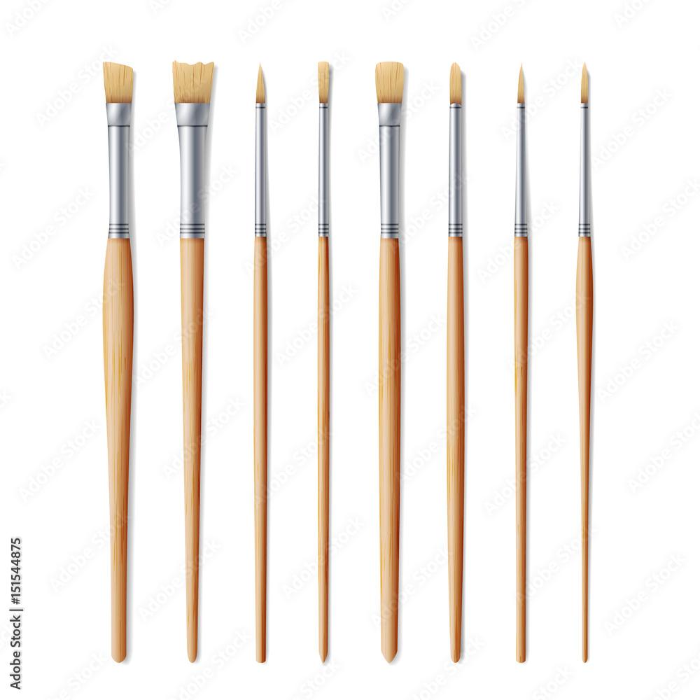 Realistic Artist Paintbrushes Set. Fan, Flat, Angle Brush. Watercolor, Acrilic Or Oil Brushes With Light Wooden Handle, Metal Ferrule And Sable, Synthetic Or Nylon Bristle. Vector Illustration Realistic Artist Paintbrushes Set. Fan, Flat, Angle Brush. Watercolor, Acrilic Or Oil Brushes With Light Wooden Handle, Metal Ferrule And Sable, Synthetic Or Nylon Bristle. Vector Illustration