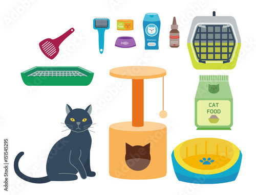 Colorful cat accessory cute vector animal icons pet equipment food domestic feline illustration.