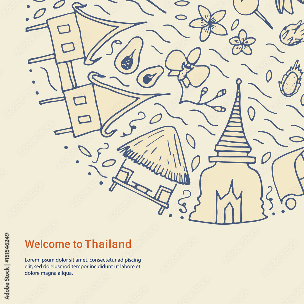 Welcome to Thailand template. Hand drawn design concept with the main attractions of Thailand. Welcome to Thailand template. Hand drawn design concept with the main attractions of Thailand.