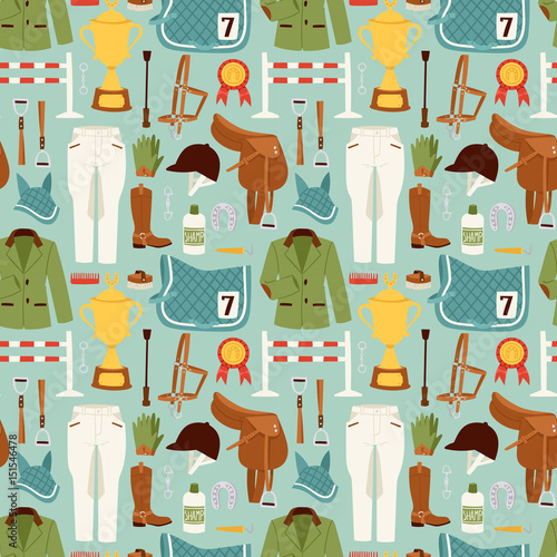 Flat color jockey icons set with equipment seamless pattern vector