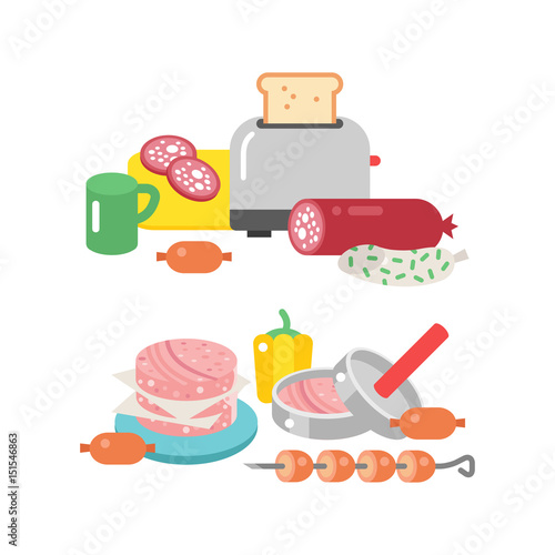 Meat products ingredient and rustic elements preparation equipment food flat vector illustration.