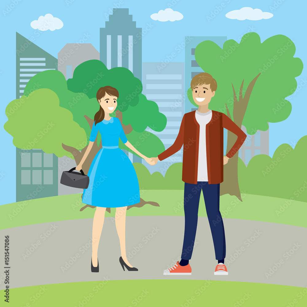 Young couple, family, standing in park, holding hands Young couple, family, standing in park, holding hands