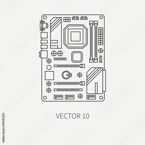 Line flat vector computer part icon motherboard. Cartoon style. Digital gaming and business office pc desktop device. Innovation gadget. Internet. Illustration and element for your design, wallpaper.