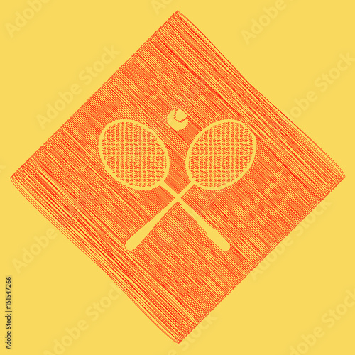 Two tennis racket with ball sign. Vector. Red scribble icon obtained as a result of subtraction rhomb and path. Royal yellow background.