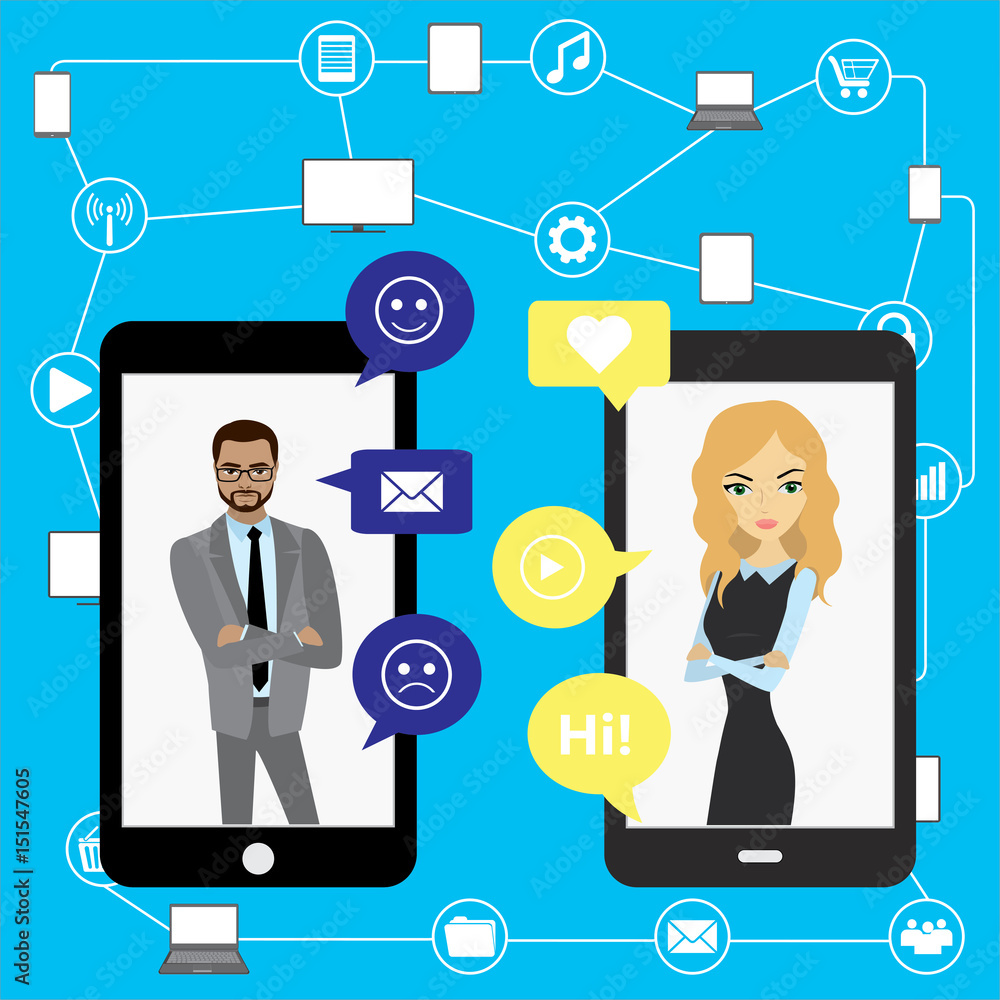 Connection between gadgets and people, Social network chatting Connection between gadgets and people, Social network chatting