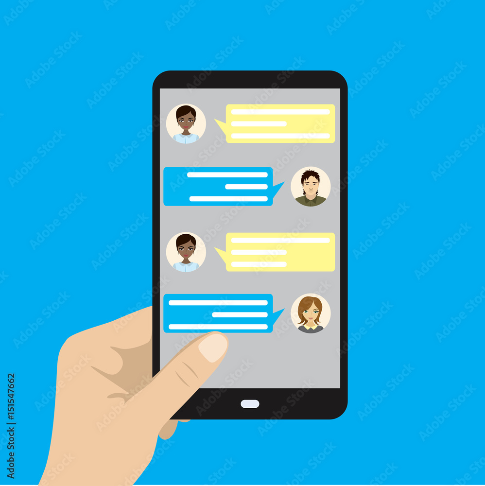 Hand holding black cell phone, online conversation Hand holding black cell phone, online conversation