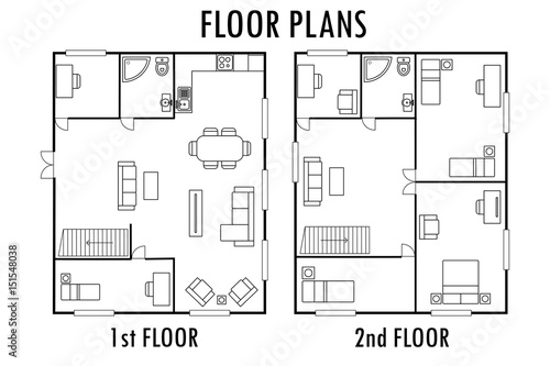 Architecture plan with furniture. House First and second floor plan