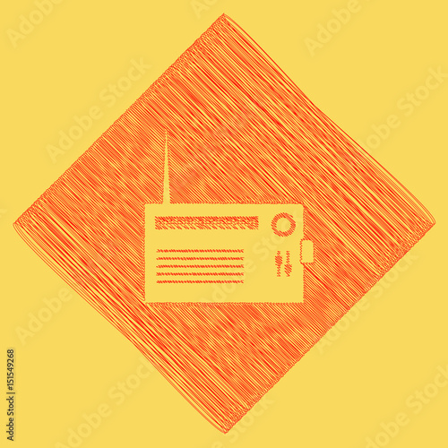 Radio sign illustration. Vector. Red scribble icon obtained as a result of subtraction rhomb and path. Royal yellow background.