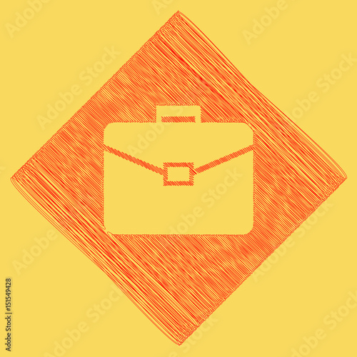 Briefcase sign illustration. Vector. Red scribble icon obtained as a result of subtraction rhomb and path. Royal yellow background.