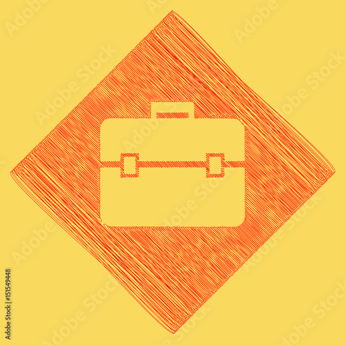 Briefcase sign illustration. Vector. Red scribble icon obtained as a result of subtraction rhomb and path. Royal yellow background.