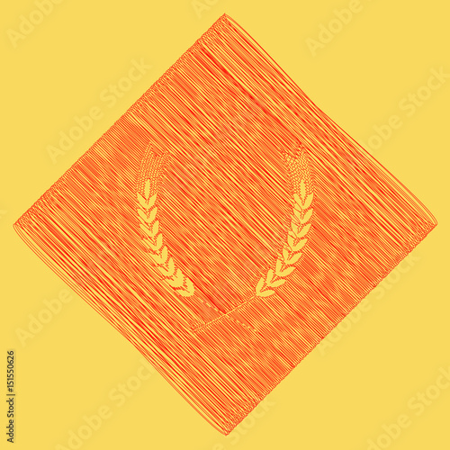 Wheat sign illustration. Spike. Spica. Vector. Red scribble icon obtained as a result of subtraction rhomb and path. Royal yellow background.