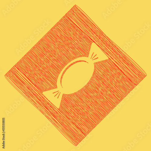 Candy sign illustration. Vector. Red scribble icon obtained as a result of subtraction rhomb and path. Royal yellow background.