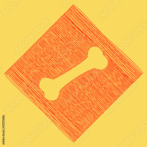 Bone sign illustration. Vector. Red scribble icon obtained as a result of subtraction rhomb and path. Royal yellow background.
