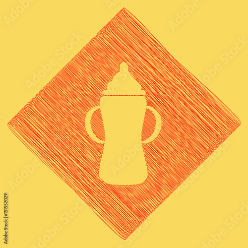 Baby bottle sign. Vector. Red scribble icon obtained as a result of subtraction rhomb and path. Royal yellow background.