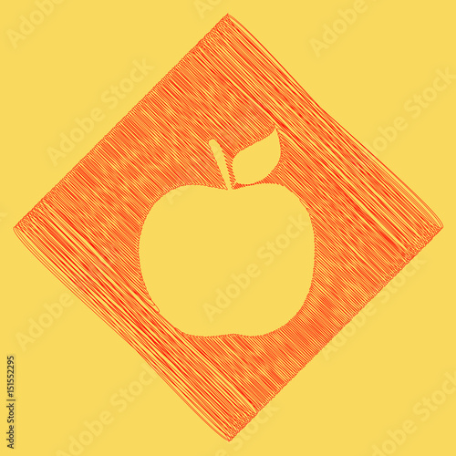 Apple sign illustration. Vector. Red scribble icon obtained as a result of subtraction rhomb and path. Royal yellow background.