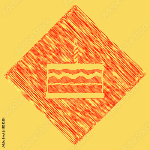 Birthday cake sign. Vector. Red scribble icon obtained as a result of subtraction rhomb and path. Royal yellow background.