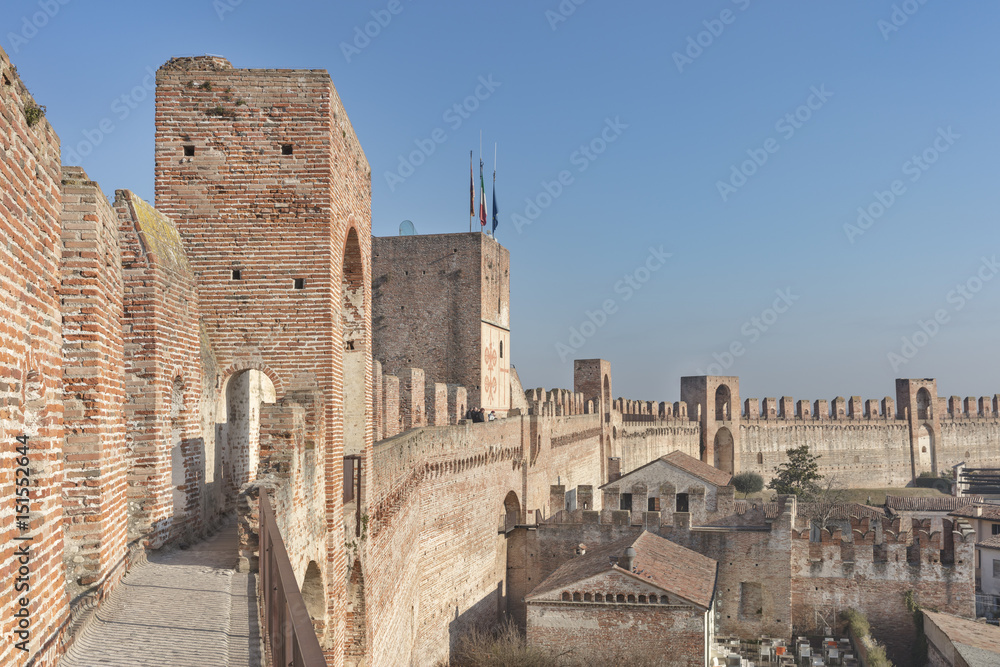 Panoramic view of defensive walls with towers and walk way in medieval city of Cittadella, Veneto