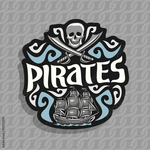 Vector logo for Pirate theme: gray skull and crossed swords, moonlight shadow, title text - pirates, old ship sails on caribbean sea with jolly roger flag, pirate clip art on ropes seamless pattern.