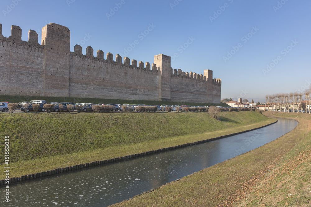 Panoramic view of defensive walls with towers and ditch at medieval city Cittadella, Veneto