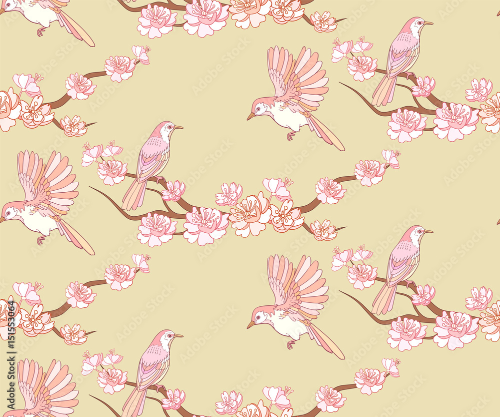 Fruit tree blossom seamless pattern with birds and branches of sakura.