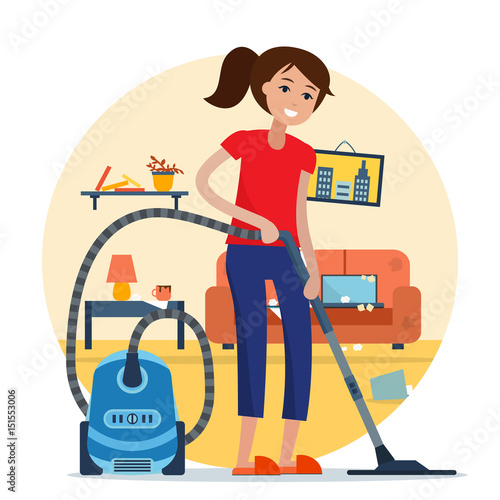 Woman cleaning room with vacuum cleaner.