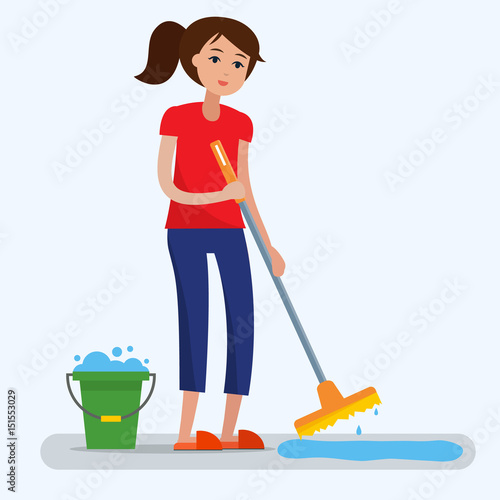 Woman cleaning dirty room with a mop