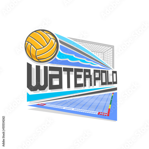 Vector logo for Water Polo game: thrown yellow waterpolo ball flying on trajectory in goal gate with net, above blue swimming pool, abstract icon for water polo sports team with inscription title text