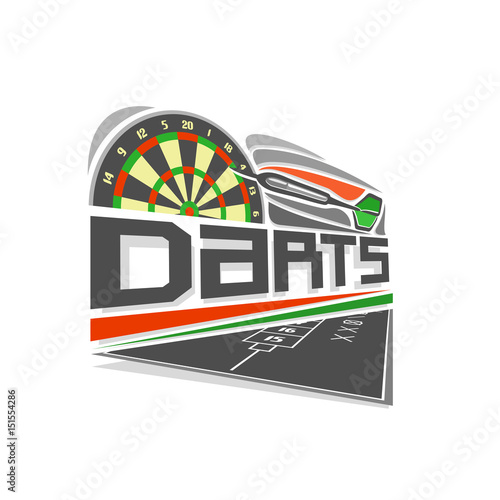 Vector logo for Darts game: thrown green arrow flying on trajectory in target dartboard, above black field for counting of points score, abstract art icon for dart board with inscription title text.