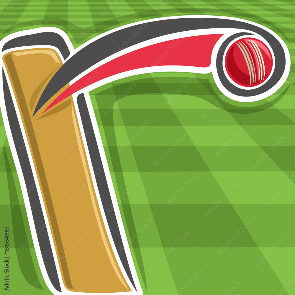 Vector poster for Cricket sport: bat hitting red Ball on green checkered  grass pattern, ball flying on curve trajectory above playing pitch field,  graphic background for title text on cricket theme. Stock