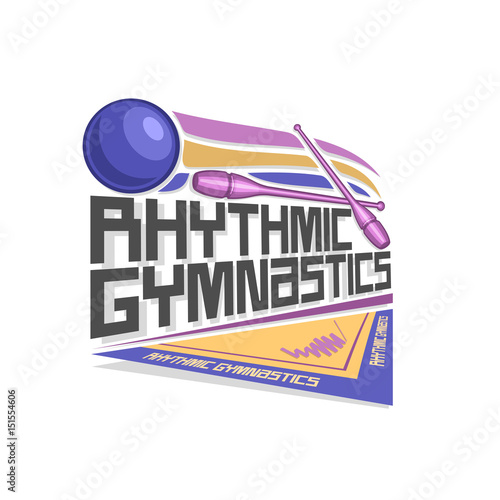Vector logo for Rhythmic Gymnastics: blue ball flying on trajectory, crossed lilac sports clubs, inscription title text - rhythmic gymnastics, ribbon on floor of arena stadium, abstract graphic icon.