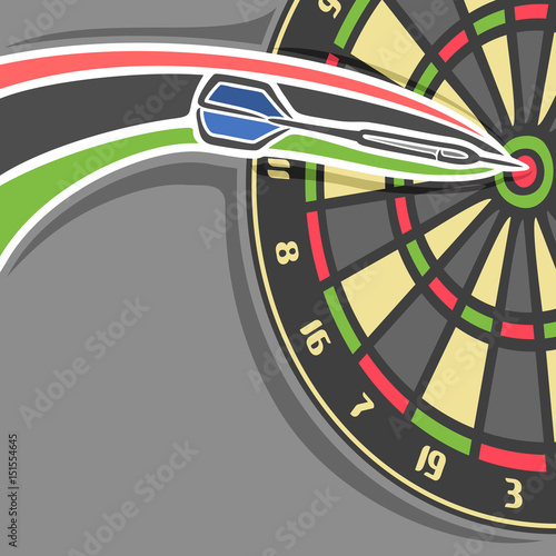 Vector poster for Darts game: throwing Arrow in bullseye of dartboard, arrow flying on curve trajectory in playing target board, grey background for title text on darts theme, accurate throw in goal.