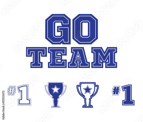 Set of sports fan icons in blue on a white background. Signs and symbols in vector format. Go Team logo text.