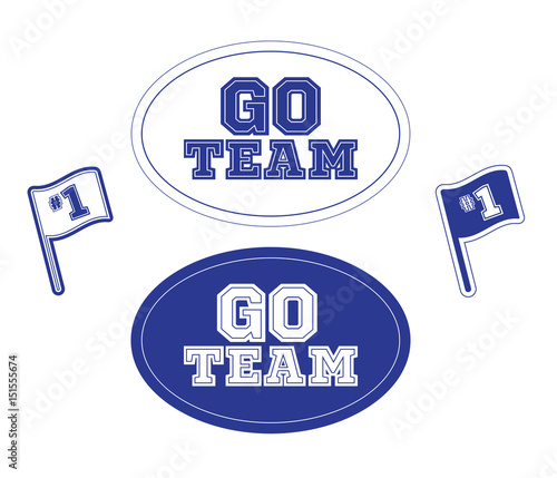 Set of sports fan icons in blue on a white background. Signs and symbols in vector format. Go Team logo text.